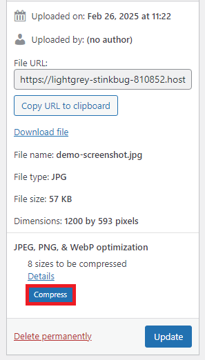 A file management interface showing options to compress a JPG image, including file details and update button.