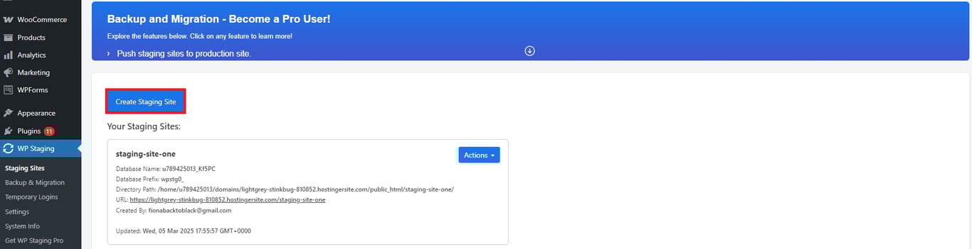 WP Staging dashboard, highlighting the "Create Staging Site" button in red, with backup and migration options.