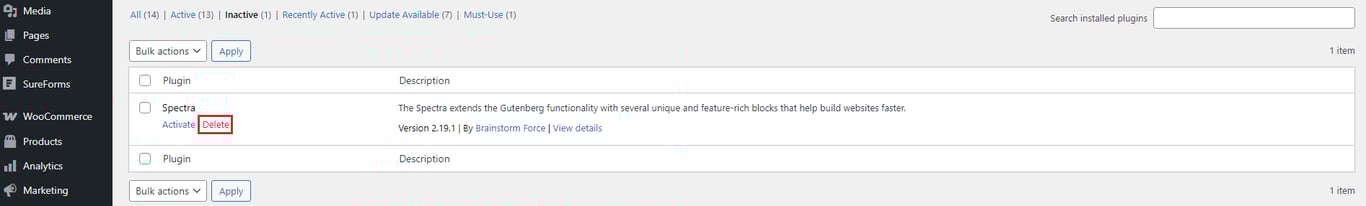 the WordPress plugin featuring options to activate or delete a plugin with the delete option highlighted in red rectangle