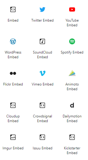Grid of icons representing various media embed options, including social media platforms and streaming services.