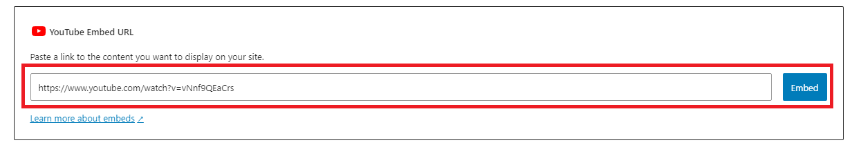 A YouTube embed tool displaying a field to paste a video URL, with an 'Embed' button highlighted.