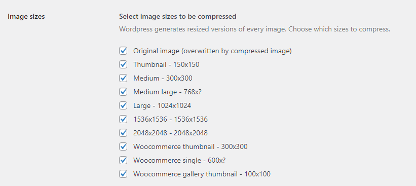 WordPress interface displaying options for selecting image sizes to be compressed, including various thumbnails and dimensions.