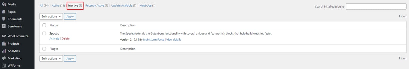 The WordPress plugins page highlighting one inactive plugin, "Spectra," with options to activate or delete.