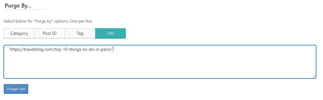 A web interface showing options to purge content by category, post ID, tag, or URL, with a displayed URL example