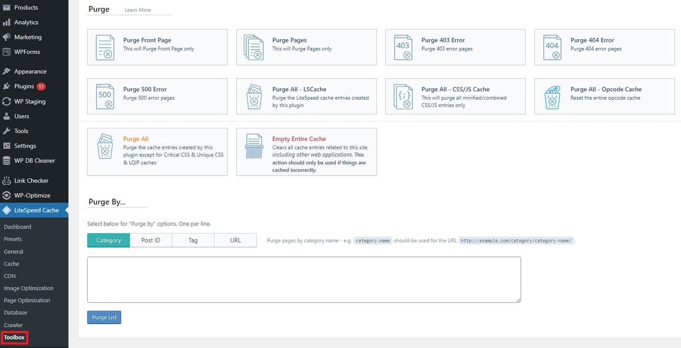 The LiteSpeed Cache plugin interface, displaying various cache purging options and a toolbox menu on a WordPress dashboard.