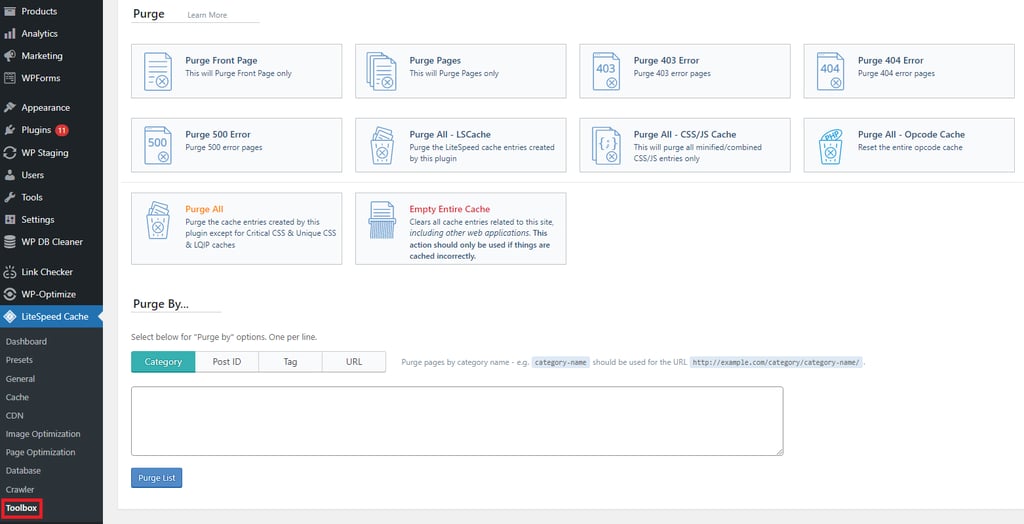 The LiteSpeed Cache plugin interface, displaying various cache purging options and a toolbox menu on a WordPress dashboard.