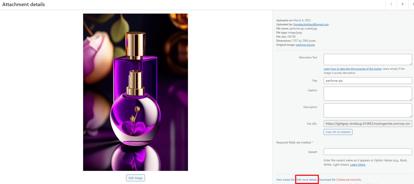 WP media editor featuring a luxurious purple perfume bottle and a round perfume jar, and the option to edit more detail highlighted in red rectangle