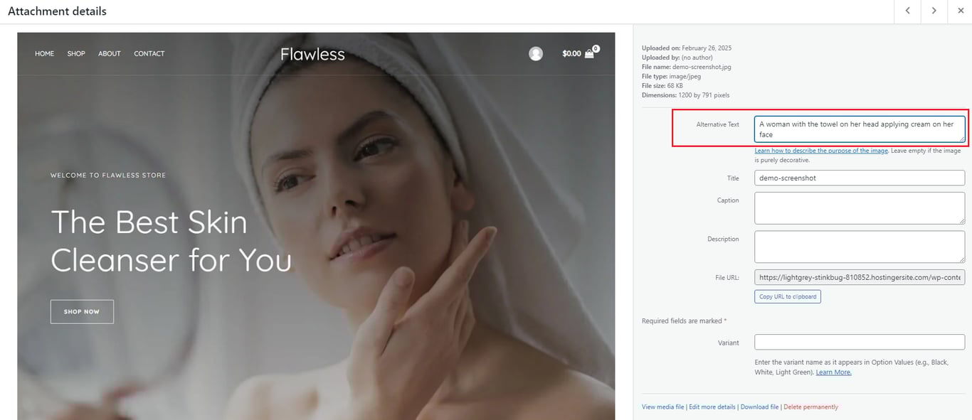 A woman applies cream to her face, showcasing a skincare routine, with a side picture editor highlighting the alt tag section in the red rectangle
