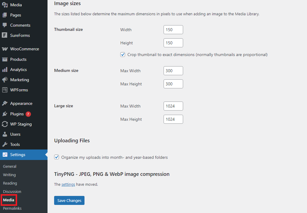 Settings interface for adjusting image sizes in a media library, detailing thumbnail, medium, and large dimensions with organizational options.