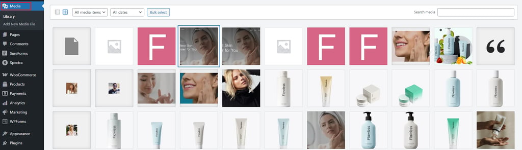 A digital media library interface showcasing various skincare products and images, organized in a grid layout.
