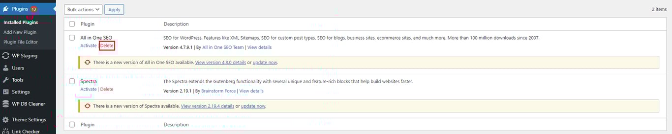 WordPress dashboard showing the installed plugins list, highlighting "All in One SEO" with options to activate or delete.