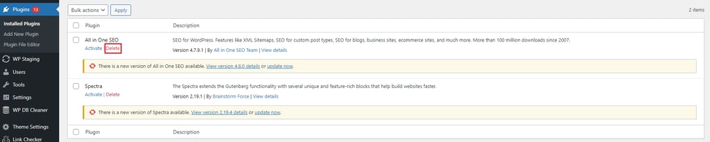 WordPress dashboard showing the installed plugins list, highlighting "All in One SEO" with options to activate or delete.