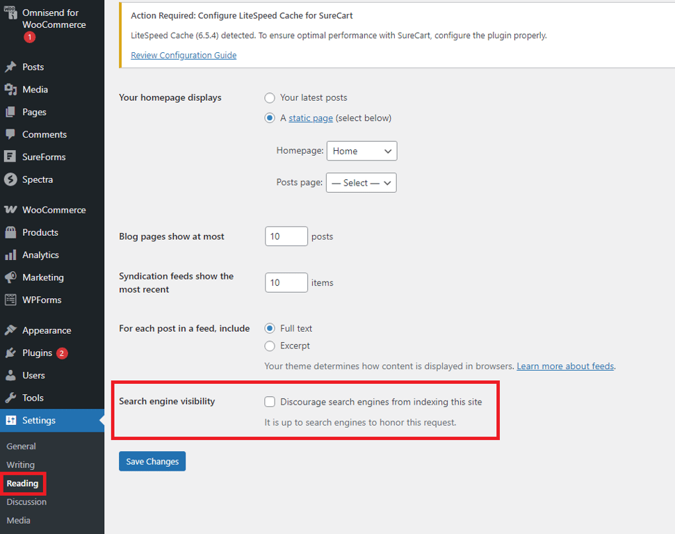 WordPress settings page highlighting search engine visibility options, with emphasis on discouraging search engine indexing.