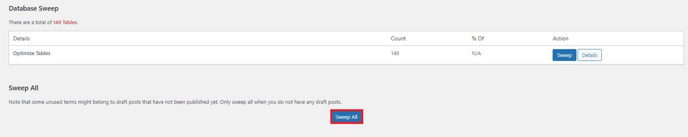 A user interface displaying options for database and option sweeps, highlighting a 'Sweep All' feature with a red rectangle.