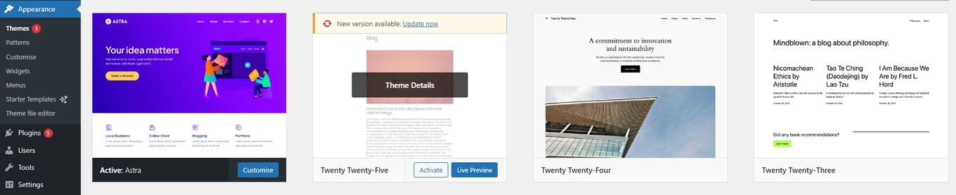 WordPress dashboard displaying theme options, featuring Hostinger, Astra, Twenty Twenty-Five, and Twenty Twenty-Four themes, with theme details button marked in red rectangle
