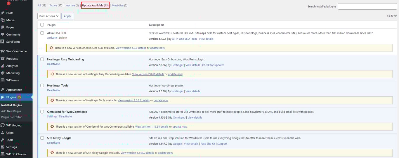 WordPress plugins page showing 13 updates available for various installed plugins, with descriptions and activation options.