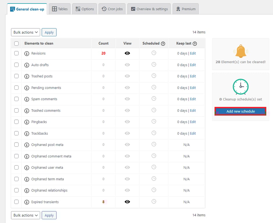 Dashboard displaying cleanup options for a website, highlighting items to clean, with emphasis on "Add new schedule" button.