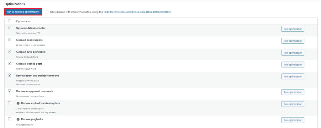 wordpress-backend-wp-optimize
WP-optimize dashboard for database optimization, highlighting a 'Run all selected optimization' feature with a red rectangle.
