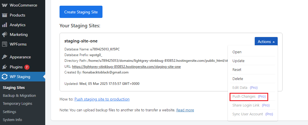 WP Staging plugin interface displaying staging site details and options to manage and push changes.