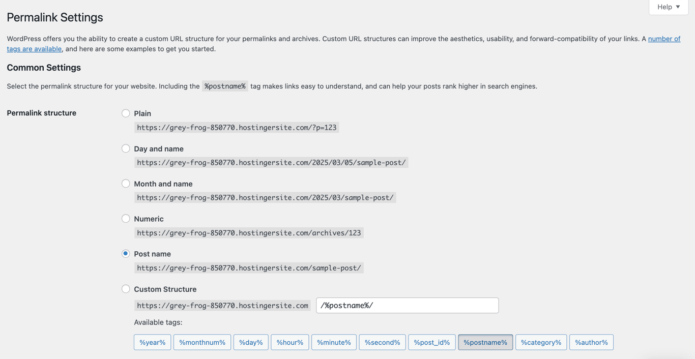 WordPress Permalink Settings page