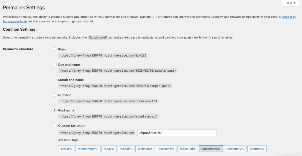 WordPress Permalink Settings page