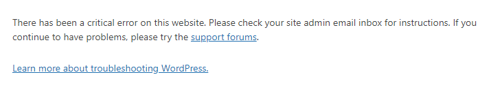 Error message on a website indicating a critical error, advising users to check their email and seek support if issues persist.