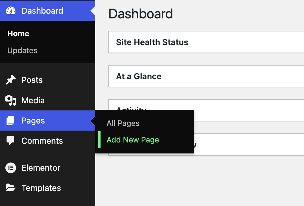 Creating a new page in WordPress using Elementor