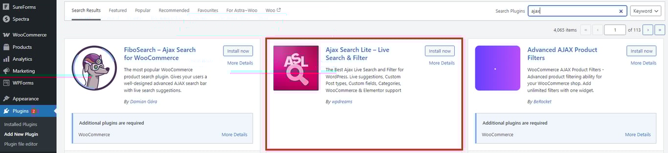 WordPress plugin search results, highlighting "Ajax Search Lite" with options to install or view more details.