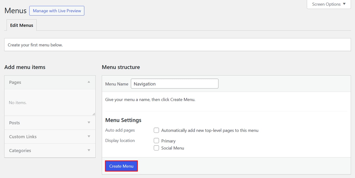 WordPress Customizer interface showing options to create a new navigation menu