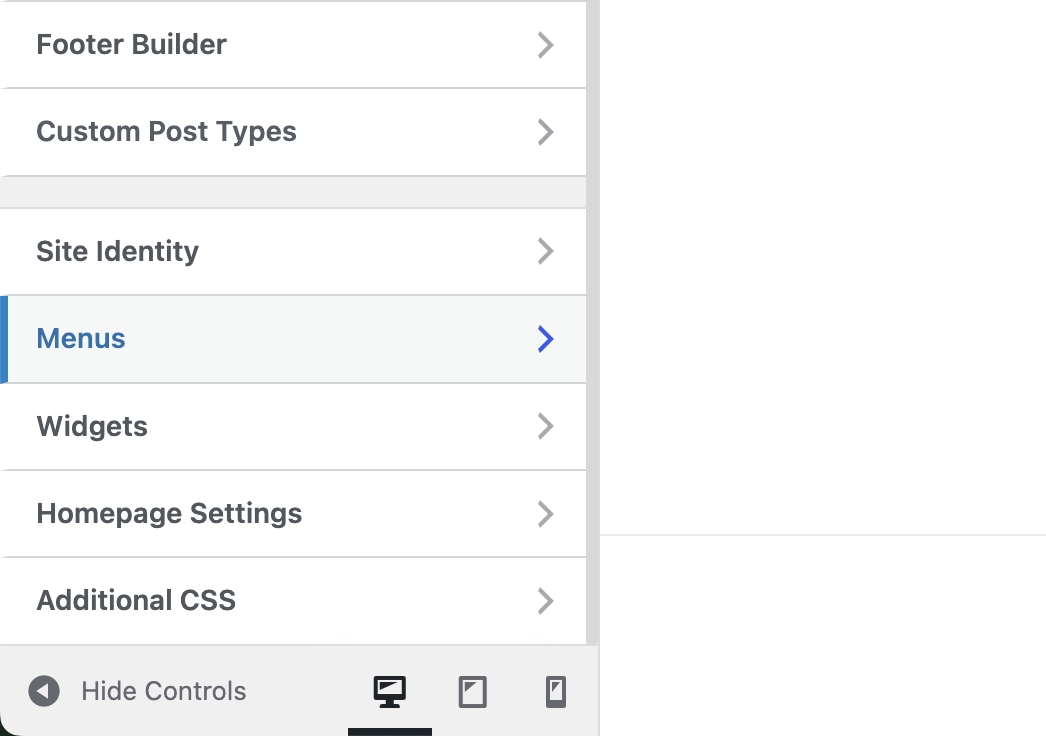 WordPress Customizer displaying the Menus section