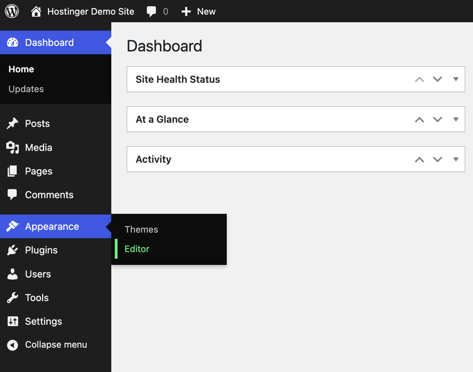 Editing a WordPress site's navigation menu using the Site editor.