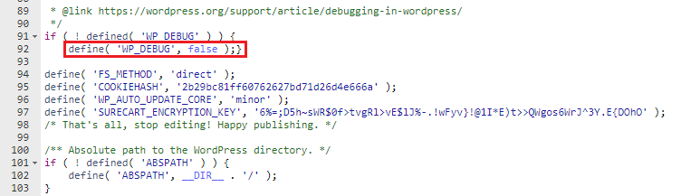 Code snippet showing conditional WordPress debug mode settings, with "WP_DEBUG" set to false.