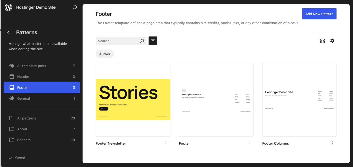 WordPress Site Editor showing available footer designs under the Footer section in the Patterns menu
