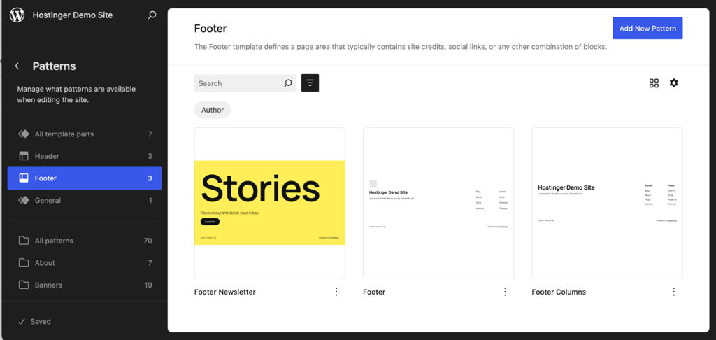 WordPress Site Editor showing available footer designs under the Footer section in the Patterns menu