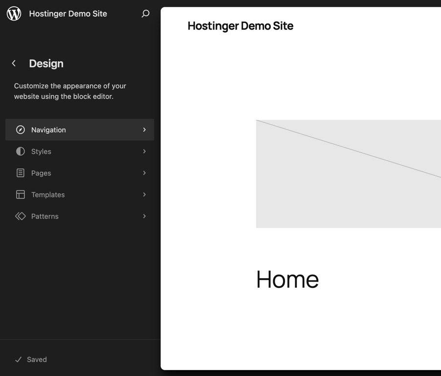 WordPress Site Editor showing the Navigation block selected