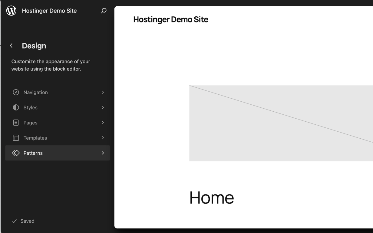 WordPress Site Editor with the Patterns option selected in the left panel for accessing header and footer templates