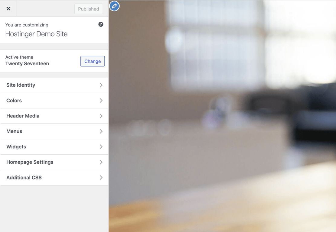 WordPress Customizer home page with a left sidebar displaying customization options