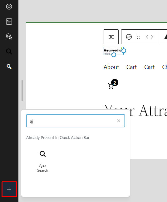 A website interface showing a search bar, featuring a quick action pop-up suggesting "Ajax Search" options.