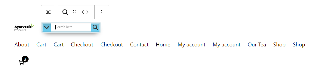 Navigation bar for an Ayurvedic products website, featuring logo, search bar, and links to various pages including Cart, Checkout, and Contact.