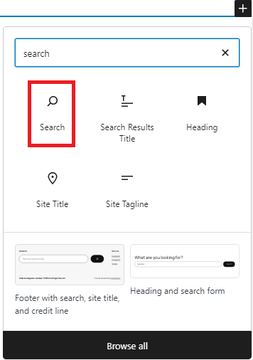 A pop-up interface displaying various search options, including a prominent search icon and labels for different site elements.