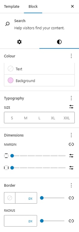 A website editor with options for search, color, typography size, dimensions, margin, border, and radius settings.