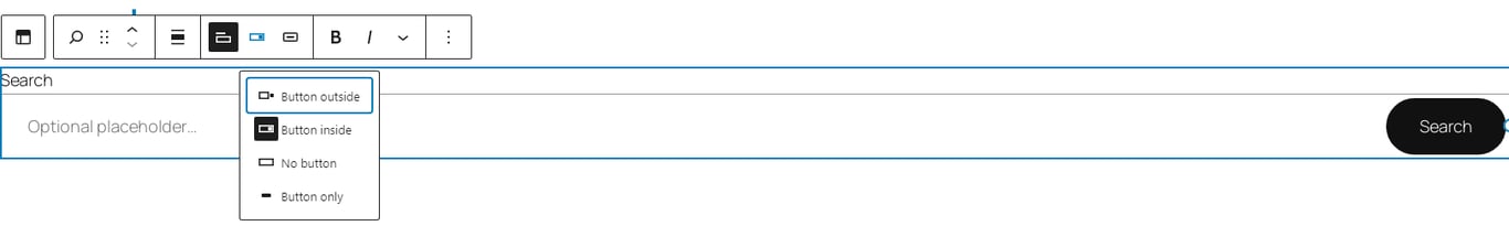 A search bar interface with options for button placement: outside, inside, no button, or button only. Includes a placeholder text.