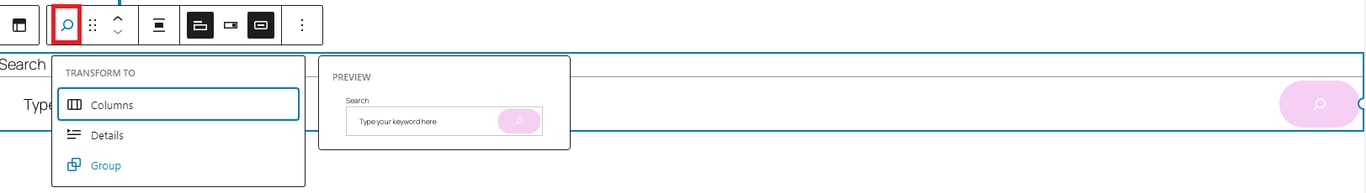 A user interface showing a search bar and options to transform data display with buttons for columns, details, and grouping.
