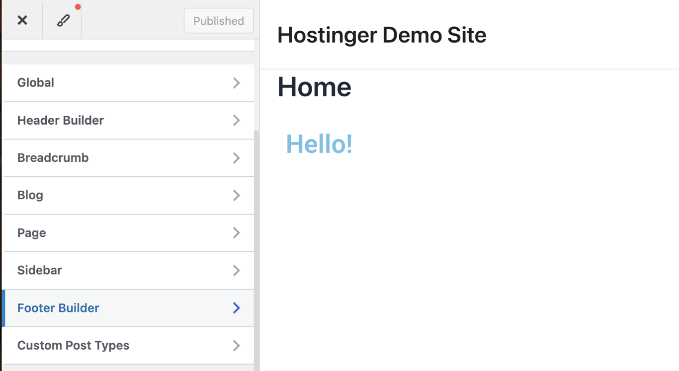 WordPress Customizer with the Astra theme, displaying the Footer Builder option in the main menu to access footer customization settings