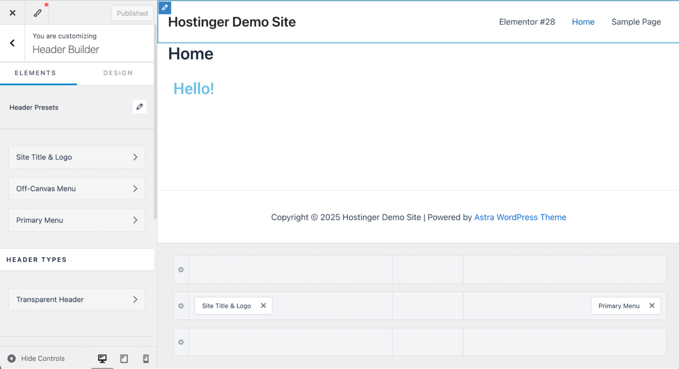 WordPress Customizer interface with the Astra theme, showing header presets and options to add custom elements and widgets to the header.