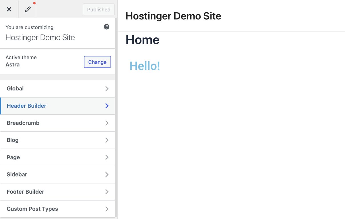 WordPress Customizer showing the Header Builder in the left sidebar