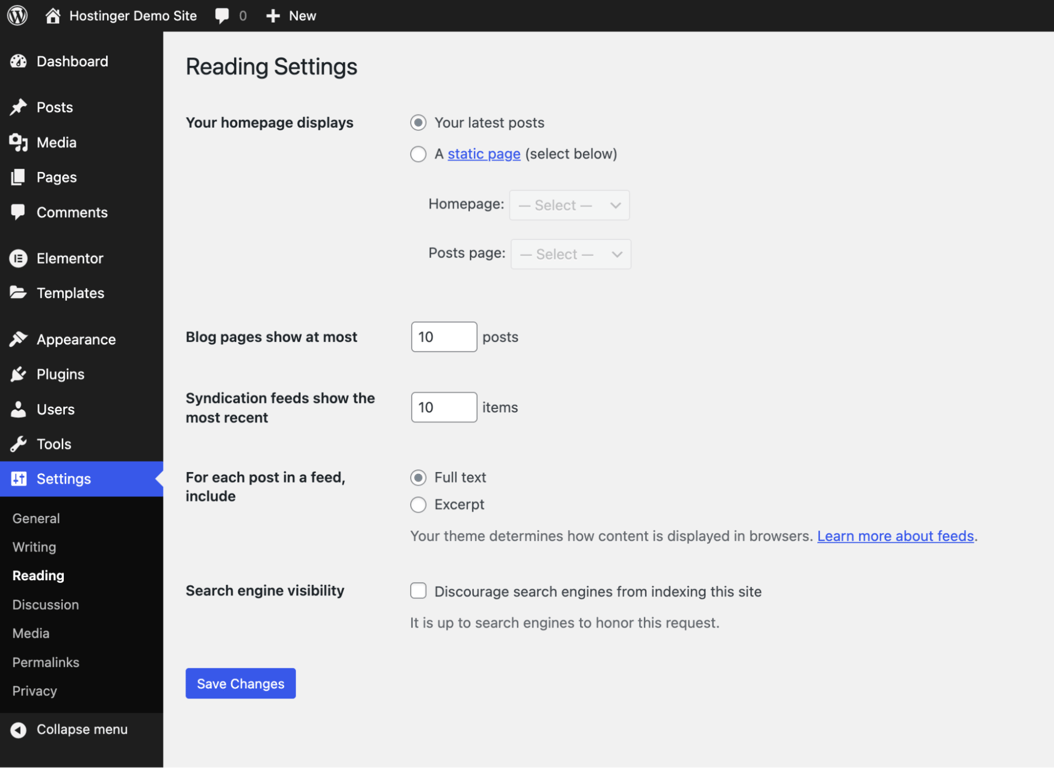 WordPress dashboard showing how to set the homepage