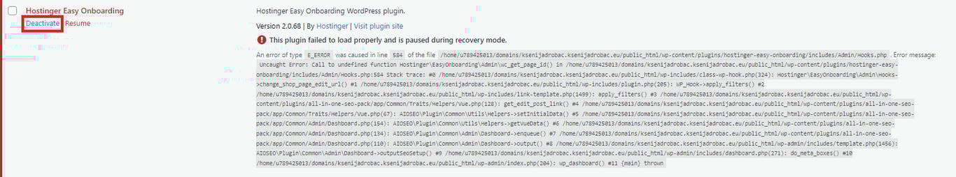 Error message from the Hostinger Easy Onboarding WordPress plugin, indicating it failed to load and is paused in recovery mode.