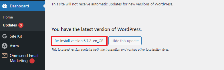 WordPress dashboard display showing that the site is up to date, with an option to re-install version 6.7.2.