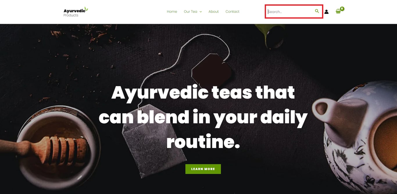 A dark-themed webpage showcasing Ayurvedic teas with a cup, tea bags, and honey, with the search bar highlighted in red rectangle.
